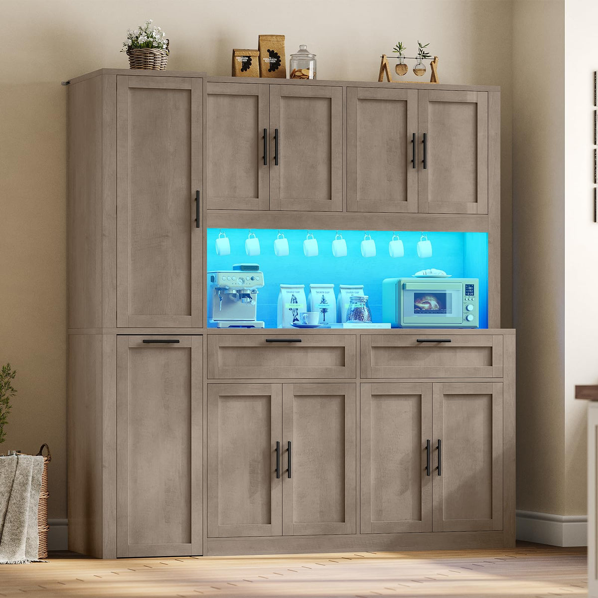 Itaar 71" Kitchen Pantry Cabinet with Charging Station and Led Light, Kitchen Storage Cabinets with Microwave Stand, 59" Wide Pantry Storage Cabinet with Storage Cart 3 Tier for Dining Room, White
