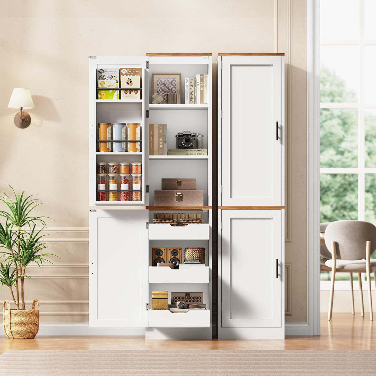 Itaar 71" Kitchen Pantry Cabinet with Charging Station and Led Light, Kitchen Storage Cabinets with Microwave Stand, 59" Wide Pantry Storage Cabinet with Storage Cart 3 Tier for Dining Room, White