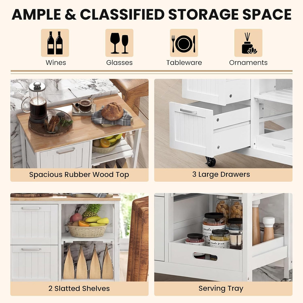 GIANTEX Kitchen Island Cart on Wheels, Rolling Utility Cart w/Rubber Wood Top, 3 Storage Drawers & 2 Removable Shelves & Removable Tray, Lockable Casters, Serving Cart for Dining Room, Bar, White