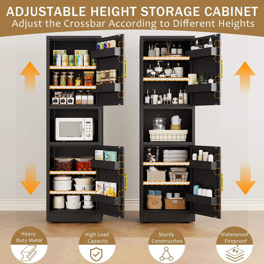 67" Tall Metal Pantry Cabinet, Narrow Freestanding Storage Cabinet, Black