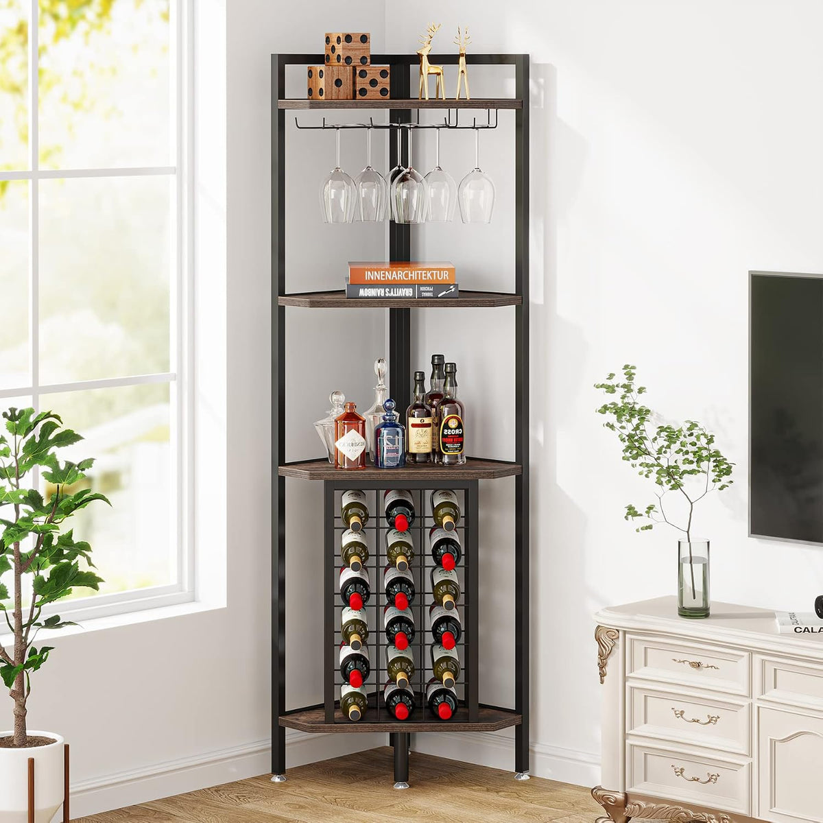 Tribesigns Corner Wine Rack with Glass Holder and Storage Shelves, 4 Tier Corner Bar Corner Wine Cabinet, Industrial Corner Wine Shelf for Living Room, Small Space (Brown)