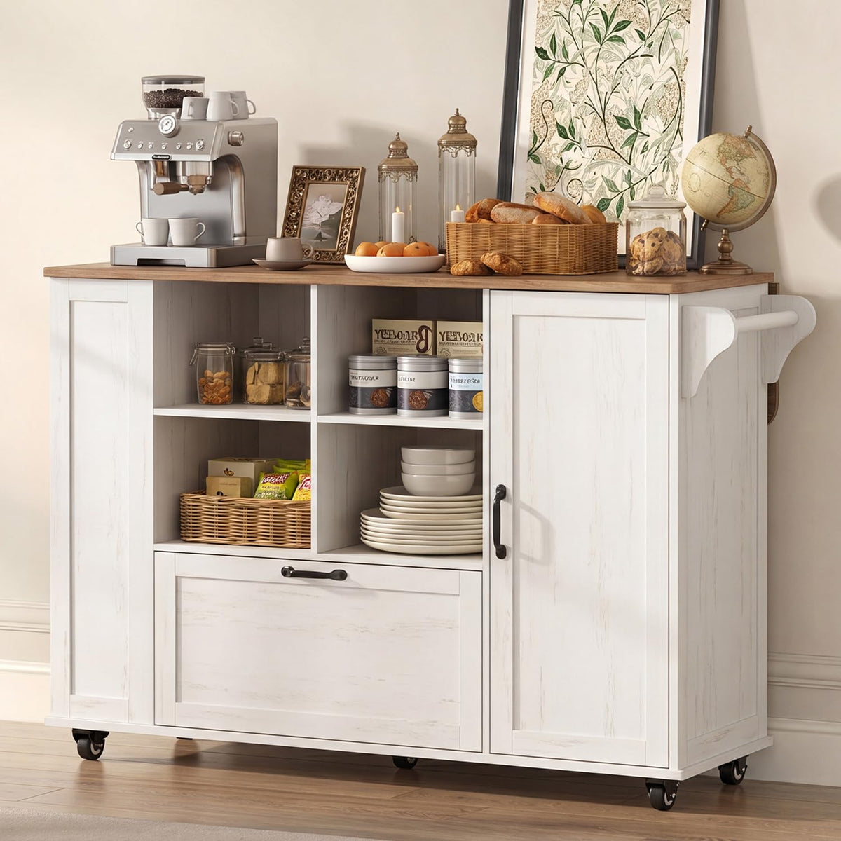72" Rolling Kitchen Island with 360Â° Swivel Tabletop & Power Outlet,Mobile Kitchen Islands on Wheels with Storage,Farmhouse Wood Island Cart with Spice Rack,Rustic White