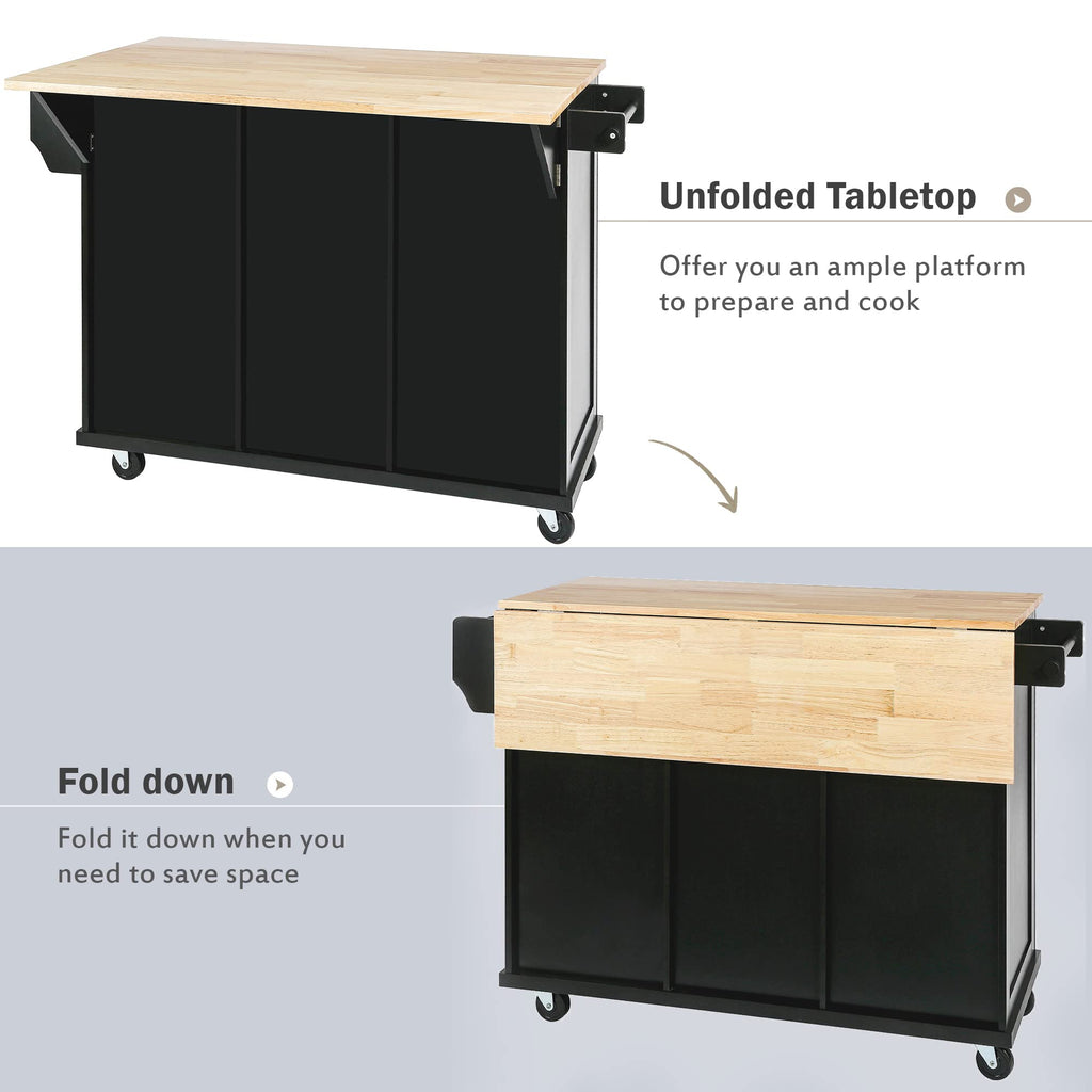 Large Kitchen Island with Rubber Wood Drop Leaf and Silver Handle