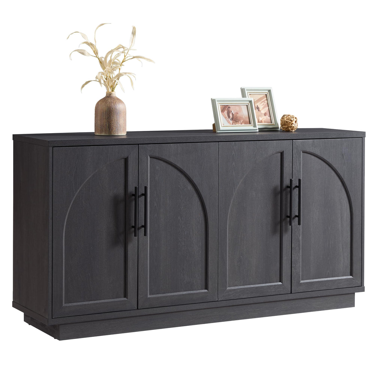 Fatmok 79" Tall Arched Pantry Cabinet with LED Light & Charging Station, Modern Coffee Bar Liquor Cabinet with Wine Rack & Glass Holder, Kitchen Storage Cabinet with Adjustable Shelves, Black Grey