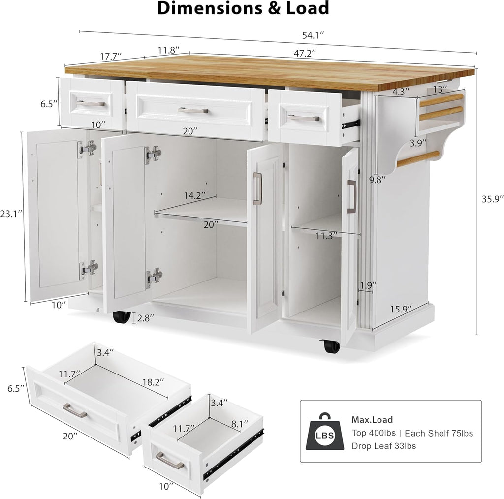 Large Kitchen Island with Rubber Wood Drop Leaf and Silver Handle