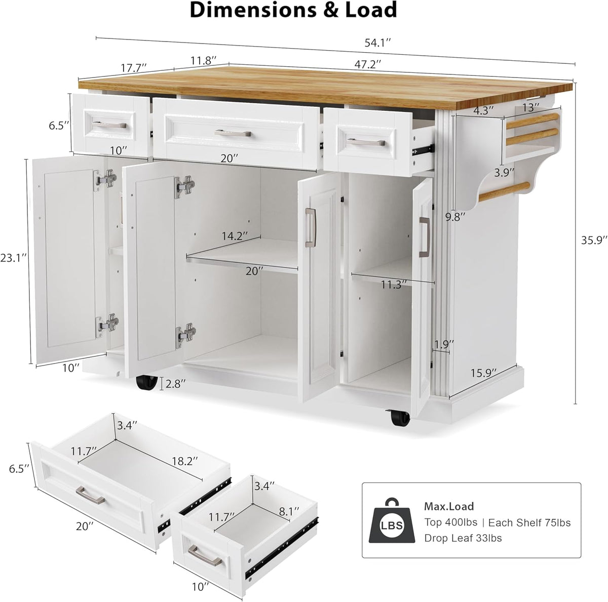 Large Kitchen Island with Rubber Wood Drop Leaf and Silver Handle