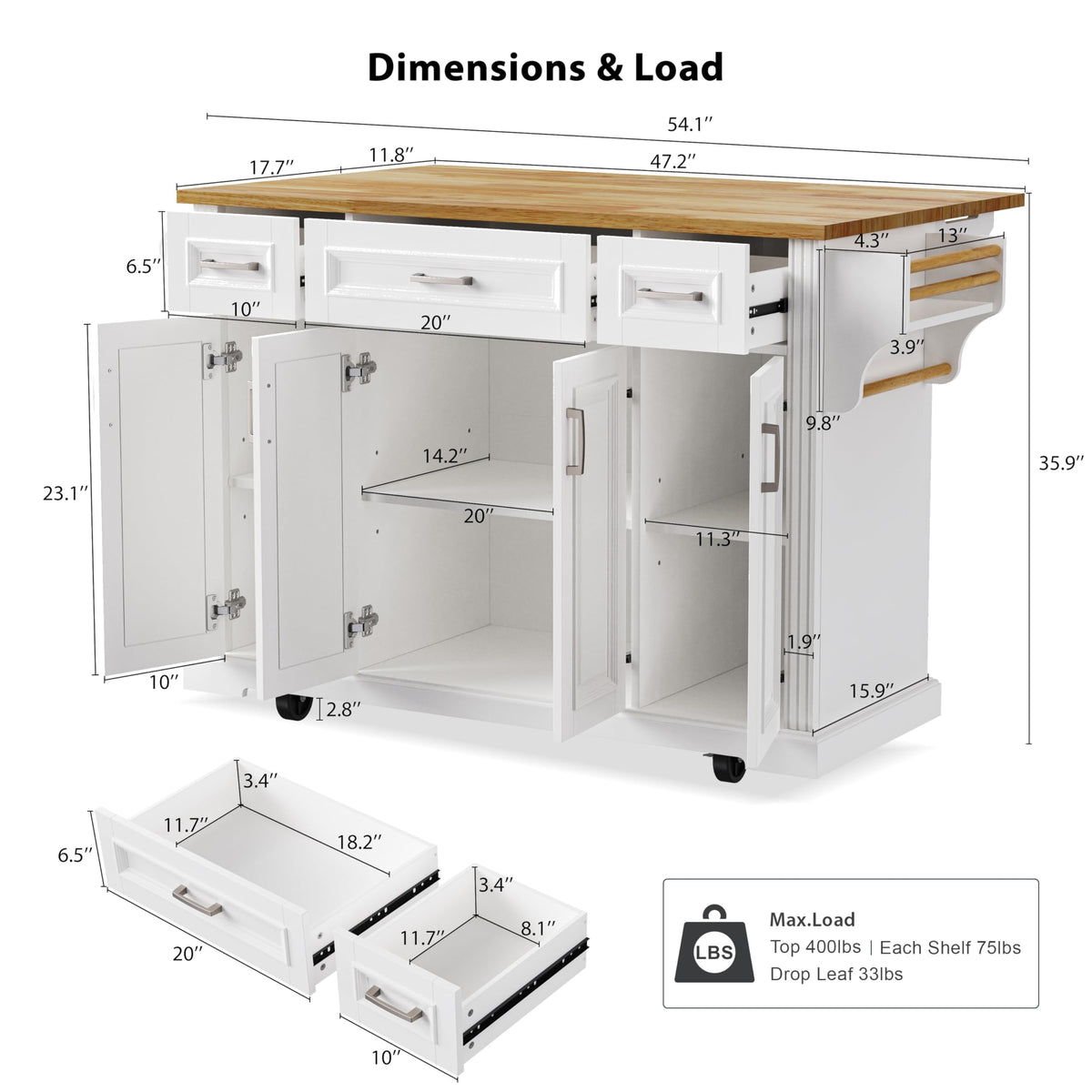 Large Kitchen Island with Rubber Wood Drop Leaf and Silver Handle