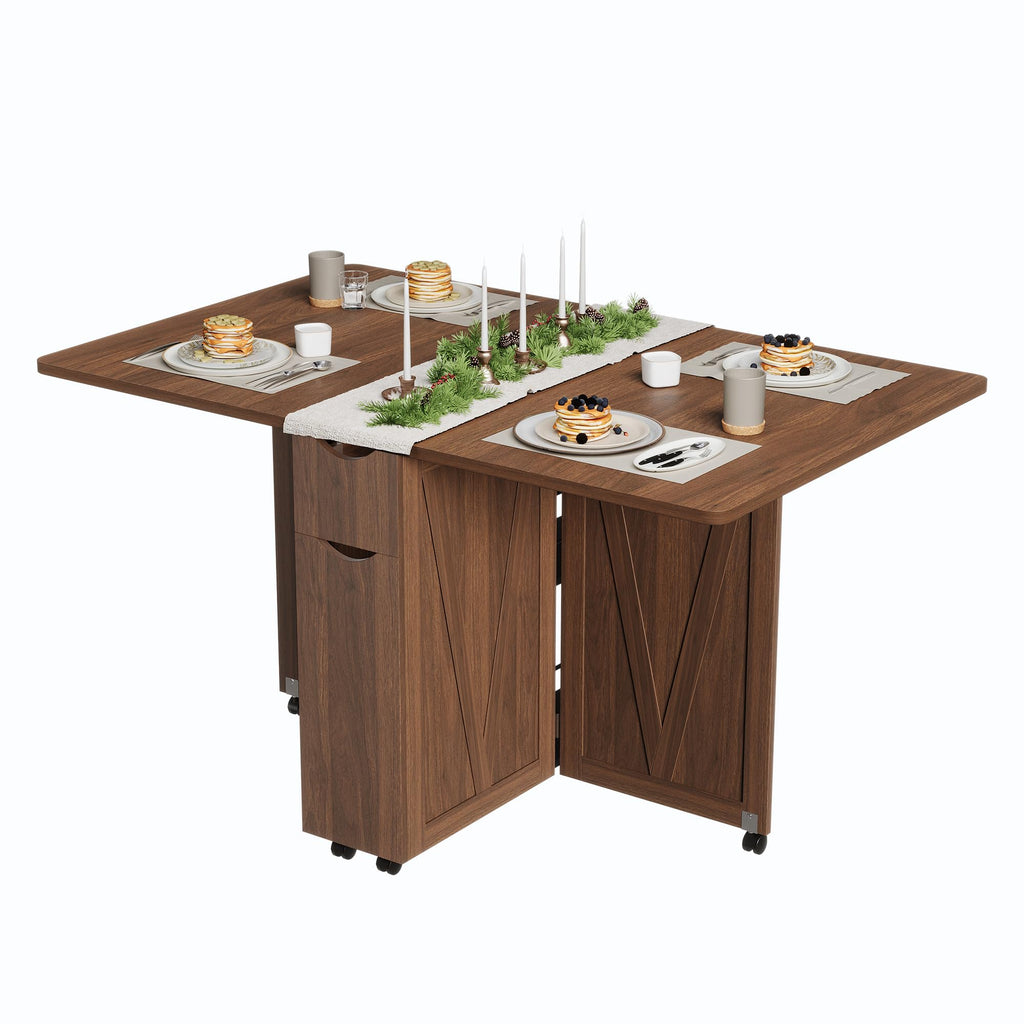 Garvee Folding Dining Table with Storage, Folding Kitchen Table with 6 Wheels, Drawer & Shelves, Compact Dining Table for Small Spaces