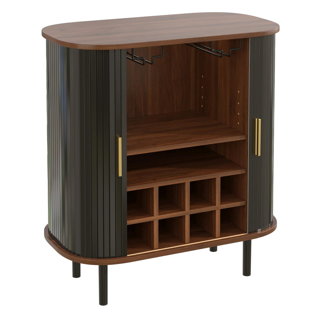 Natural Wine & Coffee Bar Cabinet with Gold Handle & Sliding Tambour Doors,Modern Curved Liquor Cabinet Coffee Station with 8*Wine Rack & 2*Glass Holders,5-Level Adjustable Shelf & Side Hidden Storage