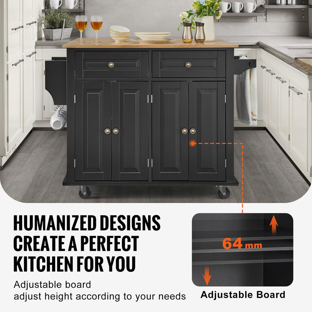 VEVOR Kitchen Island Cart with Storage, 47.64 in Wide Mobile Rolling Storage Island on Swivel Wheels, with 2 Drawers, Storage Cabinet, Drop Leaf, Towel Rack, Table for Home Dining Room, White