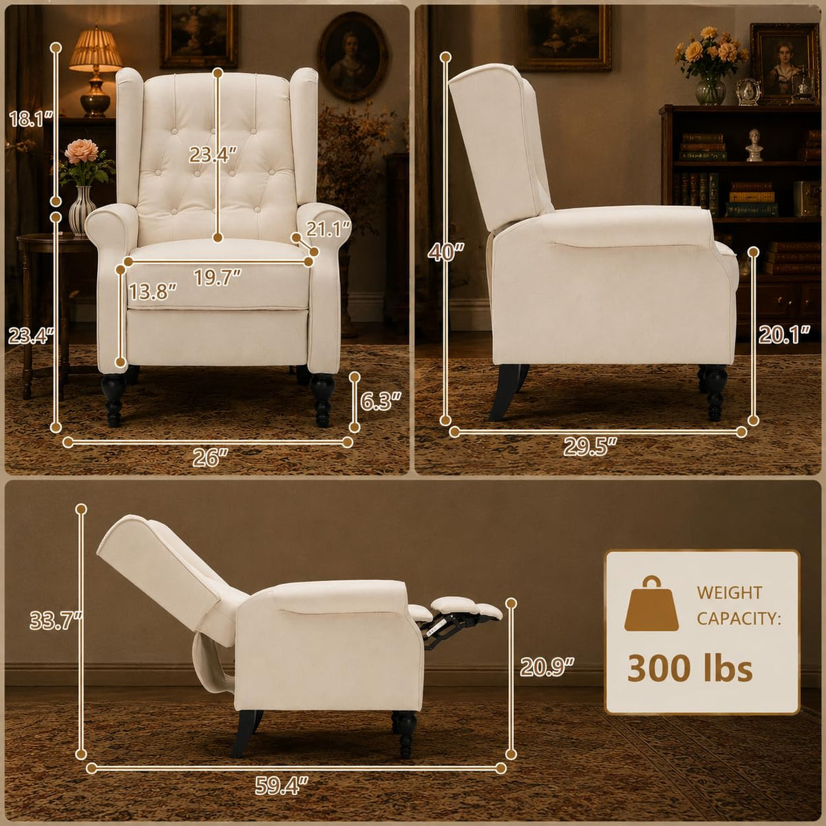 Mid Century Wingback Recliner Chair for Adults, Modern Linen Fabric Push Back Recliner Chairs with Button Tufted Upholstered Back & Footrest, Manual Recliner Chais for Living Room, Nursery, Gray