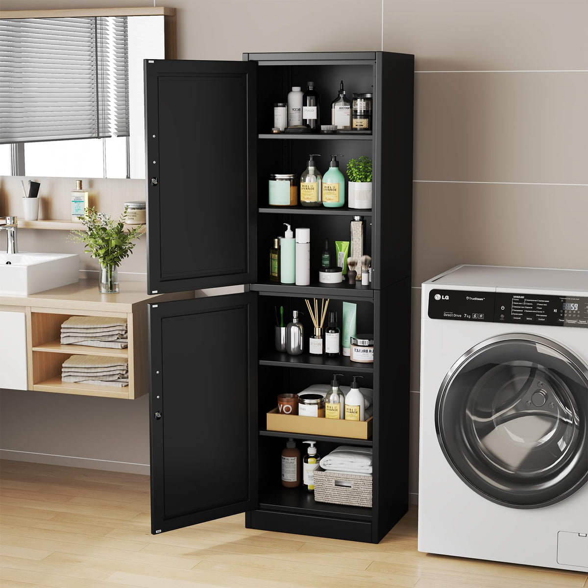 67" Tall Metal Pantry Cabinet, Narrow Freestanding Storage Cabinet, Black