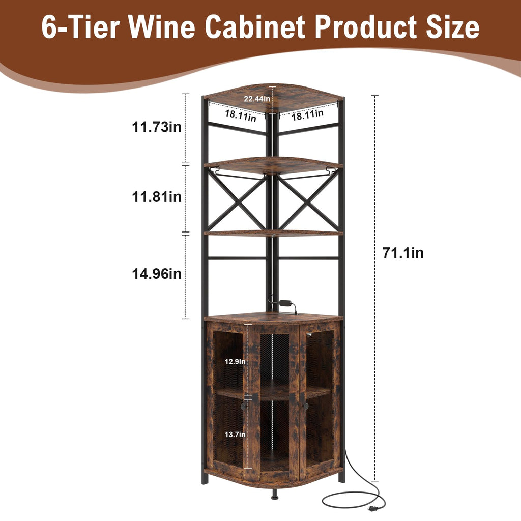 Wine Bar Cabinet with Power Outlet, 6-Tiers Industrial Wine Cabinet with LED Light and Glass Holder, Corner Bar Cabinet with Adjustable Shelf and Mesh Door, Liquor Cabinet Bar for Home