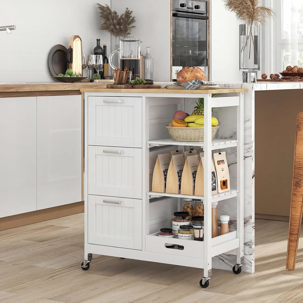 GIANTEX Kitchen Island Cart on Wheels, Rolling Utility Cart w/Rubber Wood Top, 3 Storage Drawers & 2 Removable Shelves & Removable Tray, Lockable Casters, Serving Cart for Dining Room, Bar, White