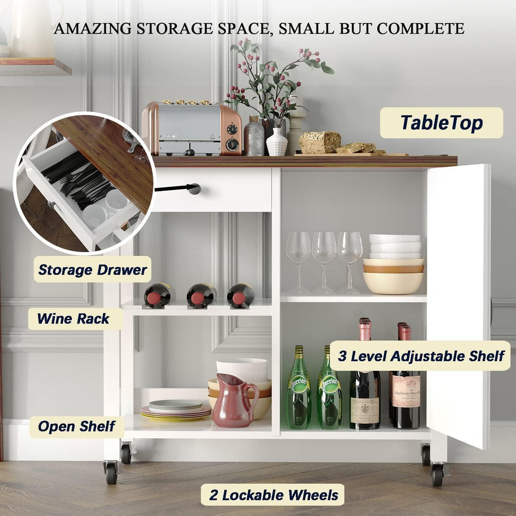 Small Kitchen Island Cart on Wheels with 31.4'' Wood Tabletop, White