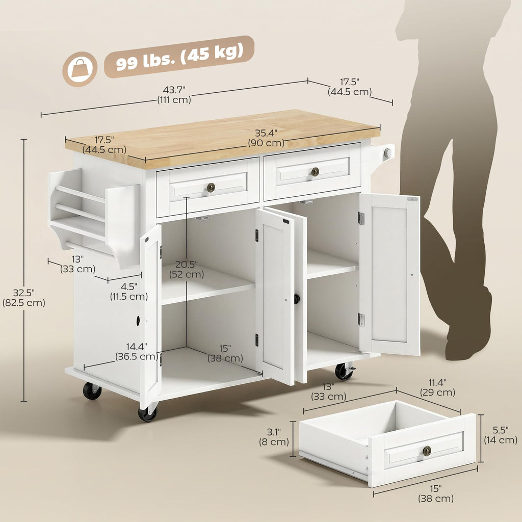 HOMCOM Kitchen Island Cart on Wheels with Solid Wood Top, 44" Cream White