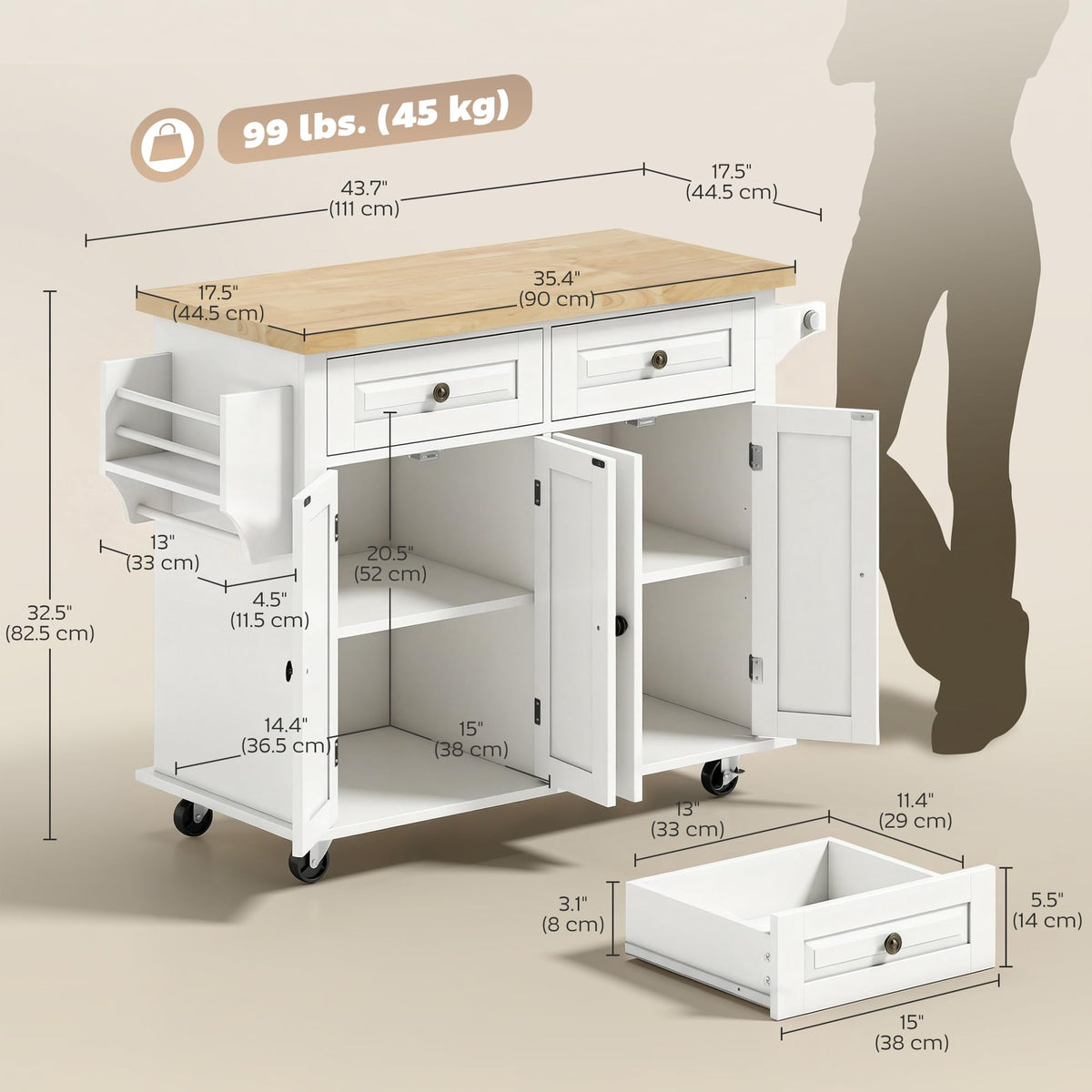 HOMCOM Kitchen Island Cart on Wheels with Solid Wood Top, 44" Cream White