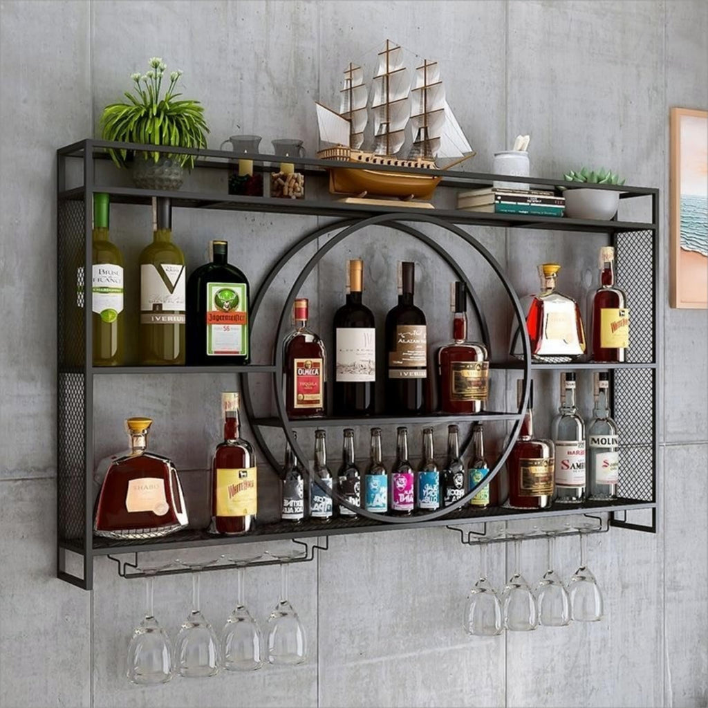 39" Upgrade Metal Wall Mounted Wine Rack, 3-Tier Large Capacity Hanging Bar Shelf, Modern Liquor Wall Shelves for Home & Dining, Gold