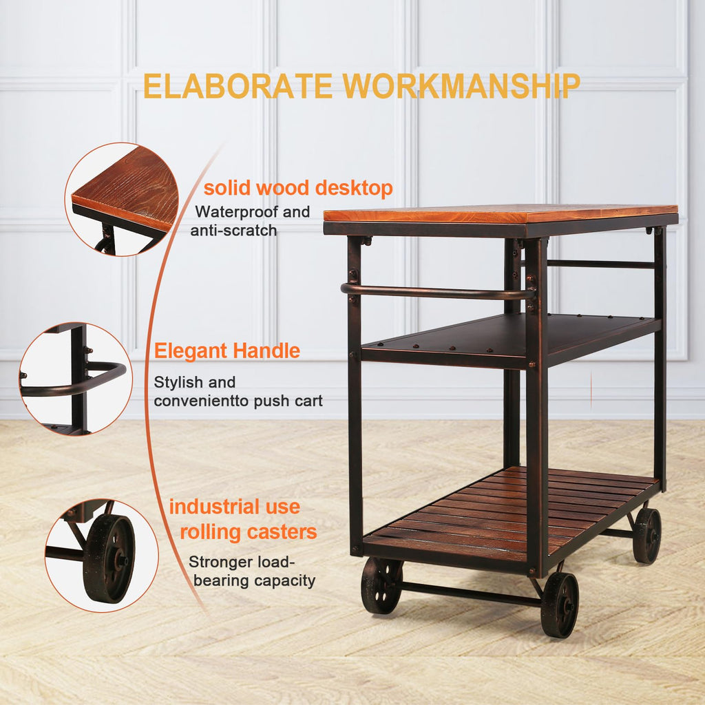Vintage Rolling Bar Cart on Wheels Industrial Mobile Serving Cart Metal and Wood Design for Kitchen Bar Office Coffee House 36.2" Lx15.75 Wx30.5 H 3 Tier with 2 Side Handle