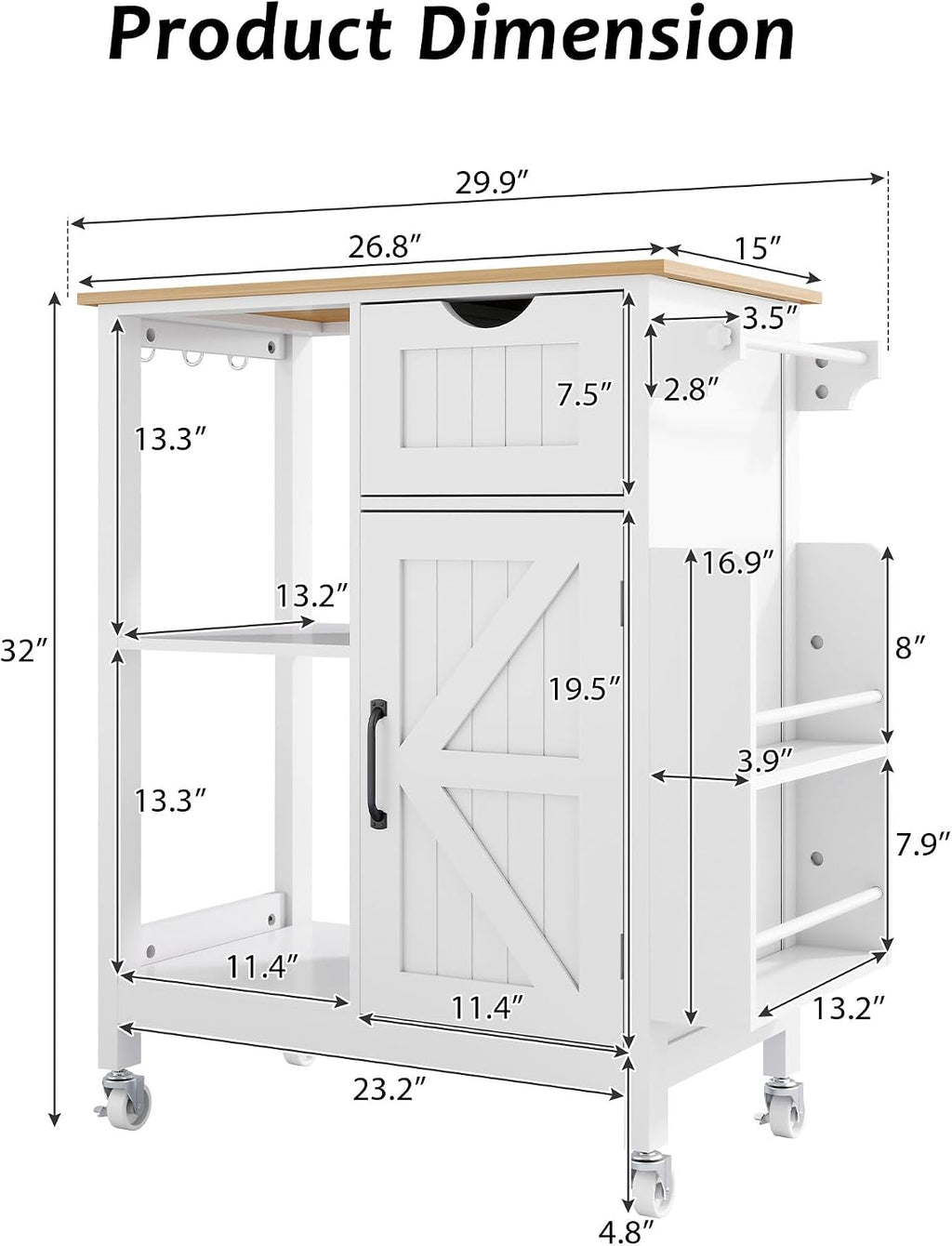 Kitchen Island Cart with Storage Cabinet, Rolling Kitchen Island on Wheels with Drawer, Spice Rack and Towel Rack, Mobile Kitchen Cart with Adjustable Shelf for Dining Room Apartment, White