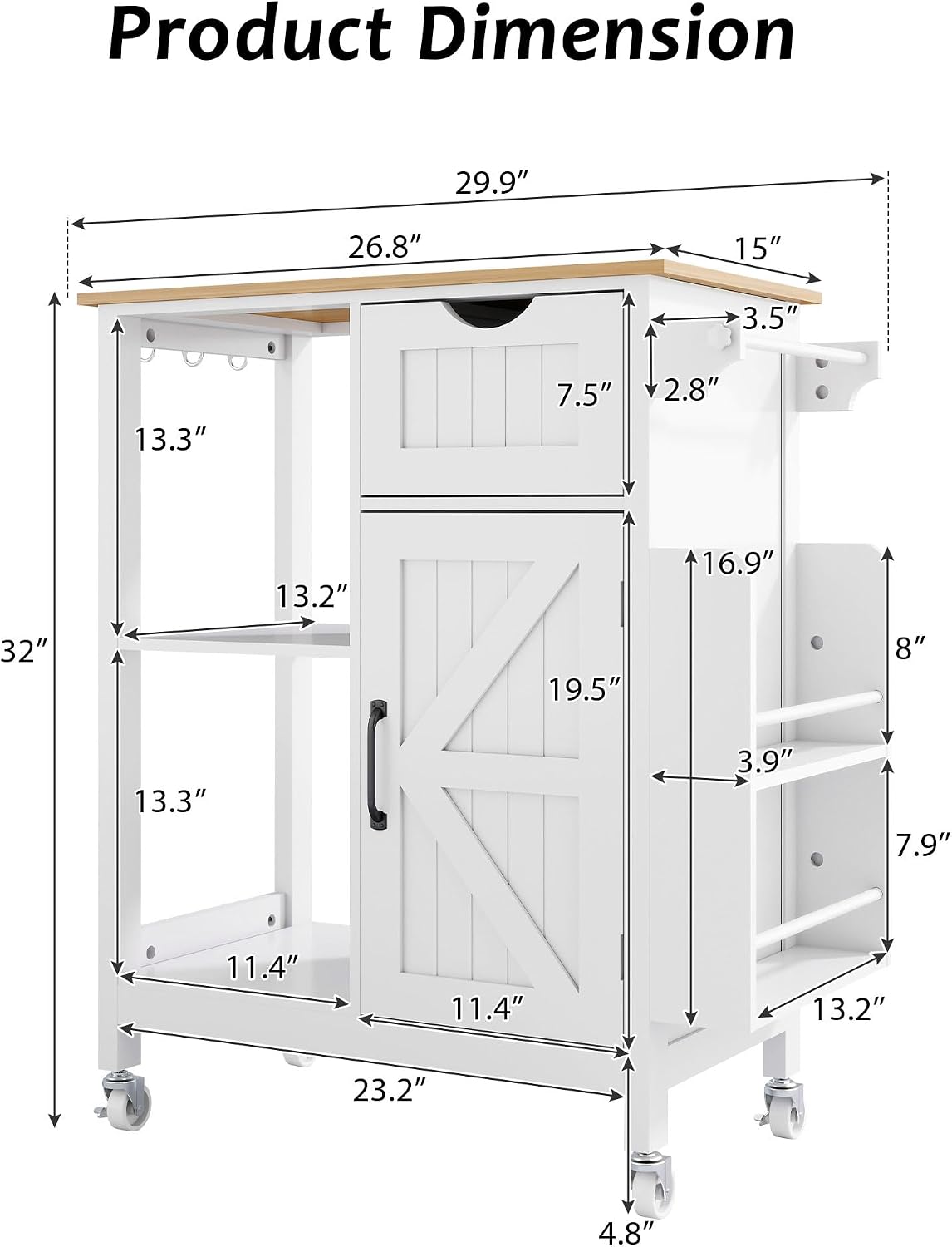 Kitchen Island Cart with Storage Cabinet, Rolling Kitchen Island on Wheels with Drawer, Spice Rack and Towel Rack, Mobile Kitchen Cart with Adjustable Shelf for Dining Room Apartment, White