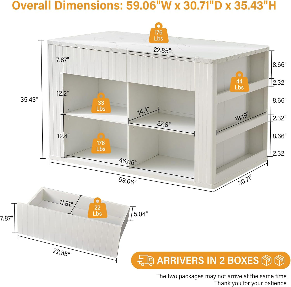 59" Kitchen Island with Storage & Seating for 2, Modern Stationary Kitchen Island with Faux Marble Top, 2 Drawers, Open Shelves & 5 Hooks, Counter Height Prep Table for Dining & Kitchen (White)