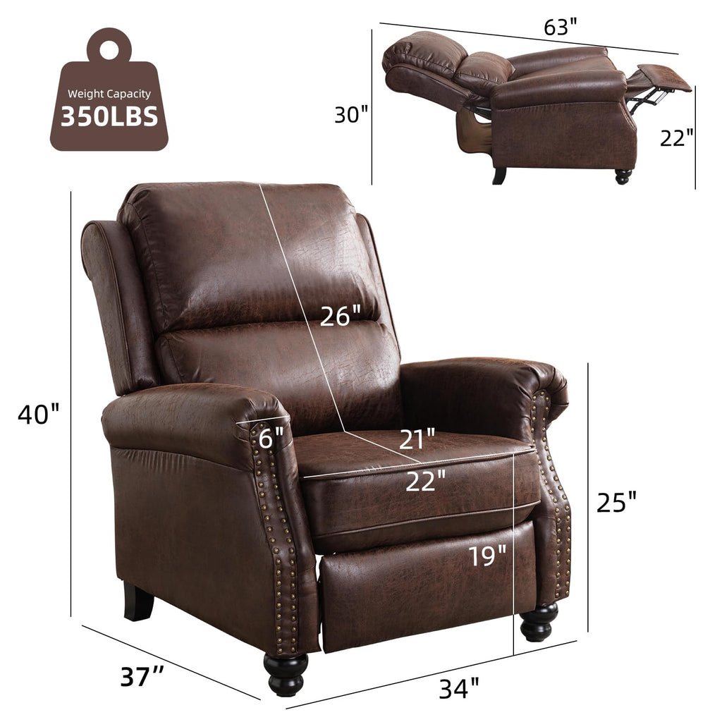 CANMOV Pushback Recliner Chair Faux Leather Armchair Push Back Recliner with Rivet Decoration Single Sofa Accent Chair for Living Room, Chocolate