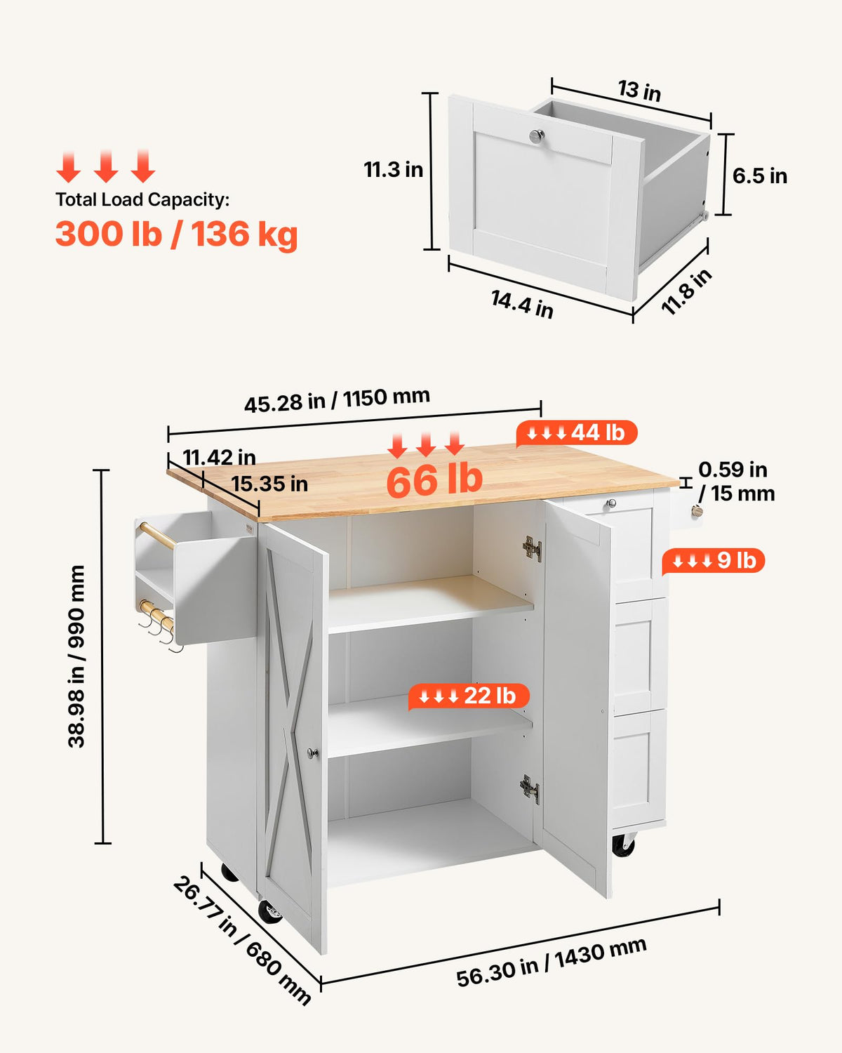 VEVOR Kitchen Island Cart with Storage, 47.64 in Wide Mobile Rolling Storage Island on Swivel Wheels, with 2 Drawers, Storage Cabinet, Drop Leaf, Towel Rack, Table for Home Dining Room, White