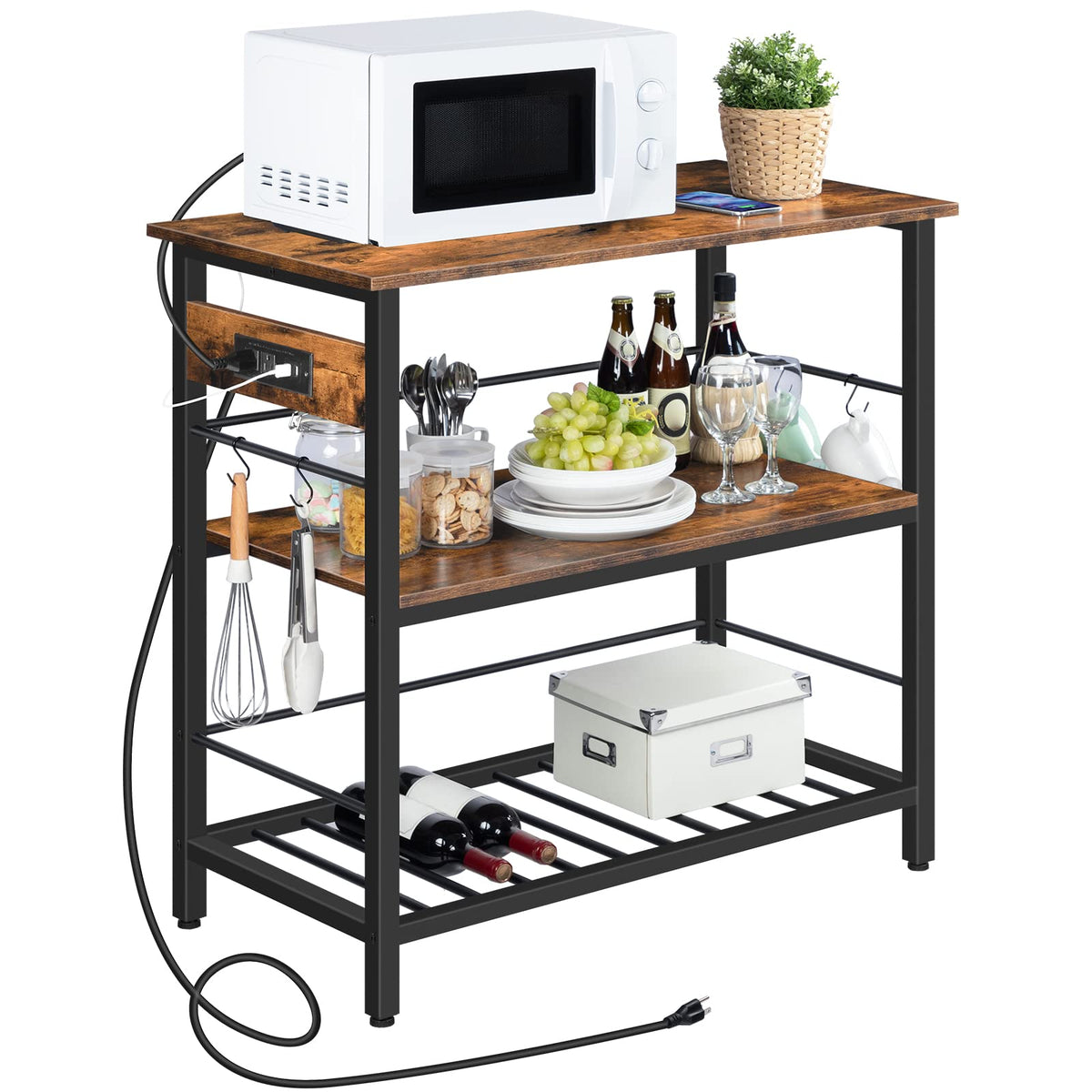 HOOBRO Kitchen Island with Storage, Kitchen Island Table with Power Outlet, 47.2" L 3 Tier Kitchen Counter and Microwave Stand, for Home, Kitchen and Dining Room, Rustic Brown and Black BF120UZD01