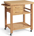 GIANTEX Kitchen Island, Bamboo Island Cart, Kitchen Trolley Cart on Wheels, Rolling Kitchen Cart, 2 Drawers, Towel Rack, Casters with Lock (Natural)