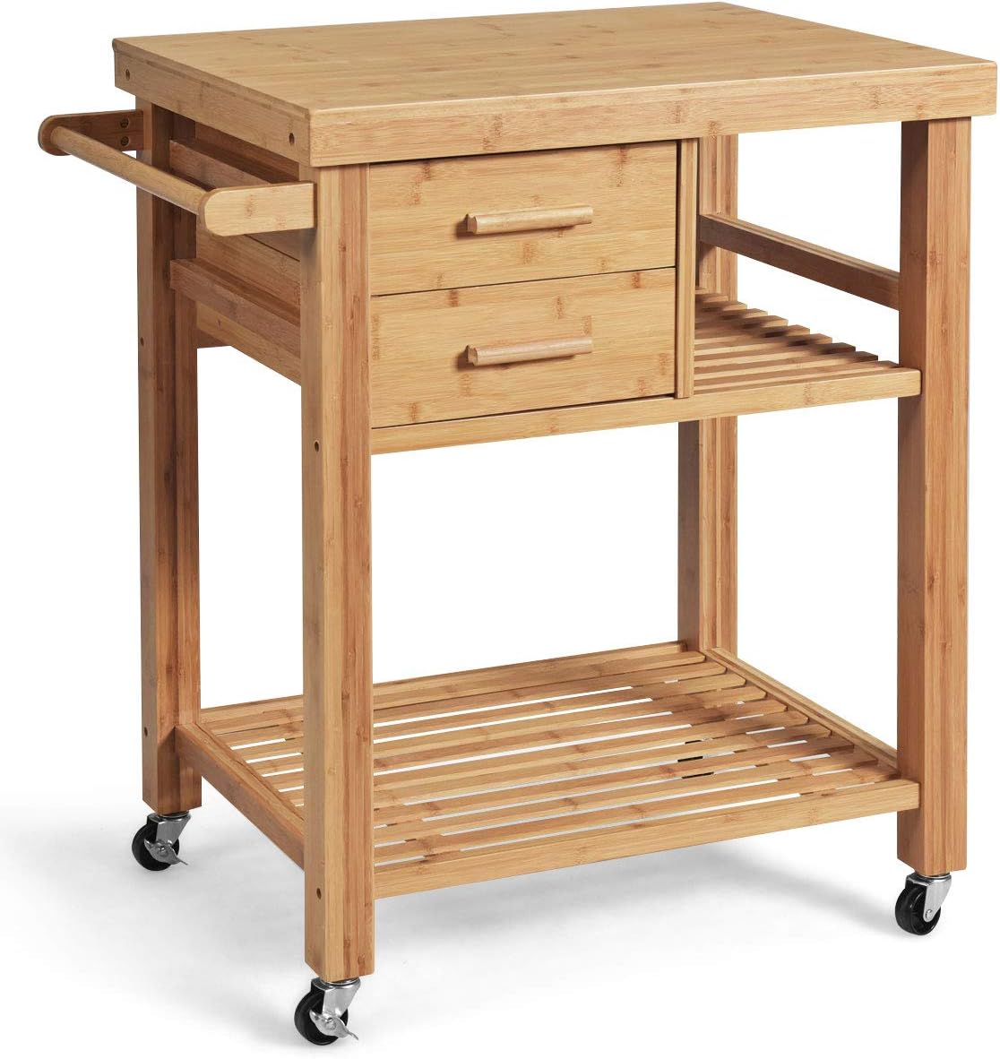 GIANTEX Kitchen Island, Bamboo Island Cart, Kitchen Trolley Cart on Wheels, Rolling Kitchen Cart, 2 Drawers, Towel Rack, Casters with Lock (Natural)
