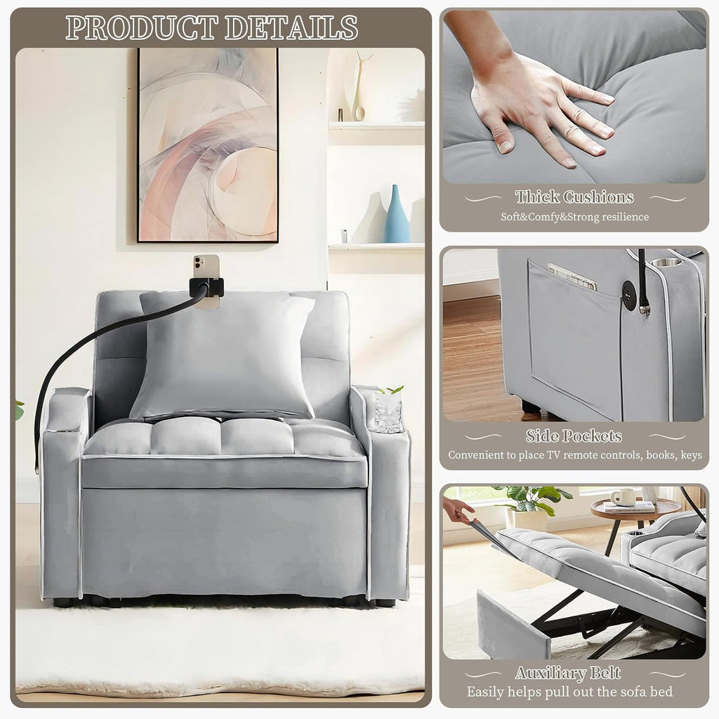 Convertible Single Sleeper Chair Bed,3 in 1 Velvet Futon Sleeper Sofa Bed with Phone Holder&USB Ports,Pull Out Couch Bed,Adjustable Recliner Armchair bed for Living Room,Office,Small Places(Grey)