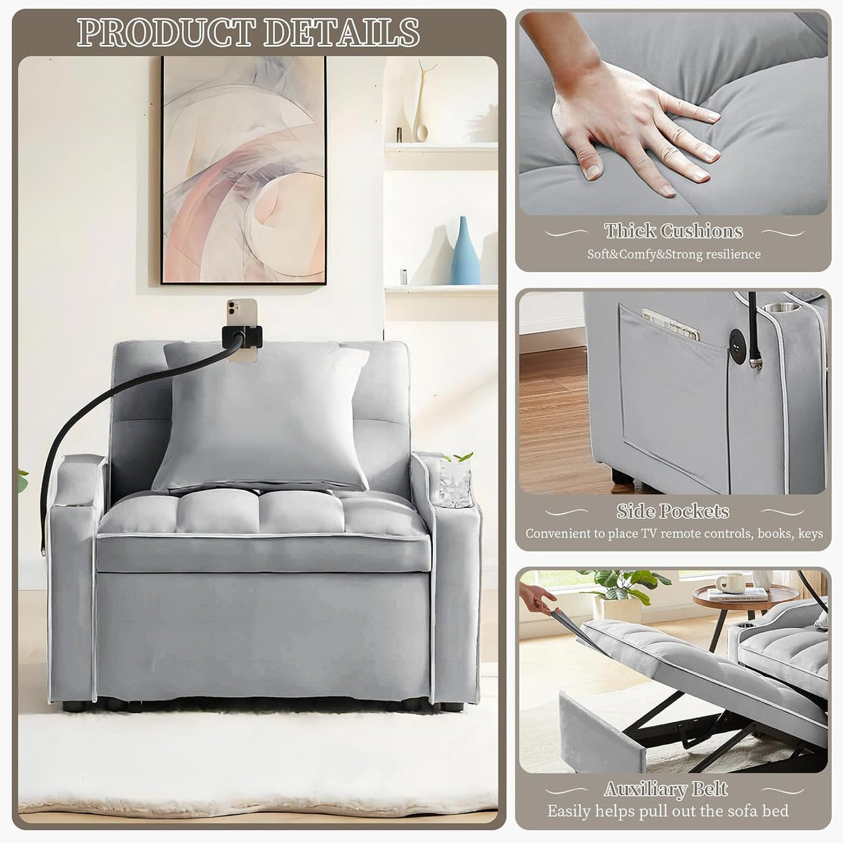 Convertible Single Sleeper Chair Bed,3 in 1 Velvet Futon Sleeper Sofa Bed with Phone Holder&USB Ports,Pull Out Couch Bed,Adjustable Recliner Armchair bed for Living Room,Office,Small Places(Grey)
