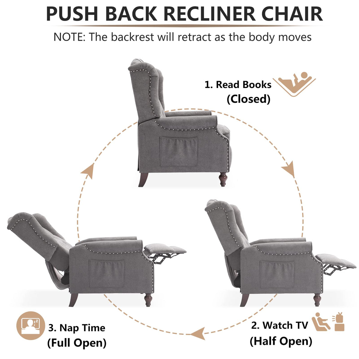 IPKIG Wingback Pushback Recliner Chair - Mid Century Recliner Armchair with Massage and Heat, Rivet Decoration, Button-Tufted Back, Solid Wood Legs for Living Room, Bedroom, Office(Beige)