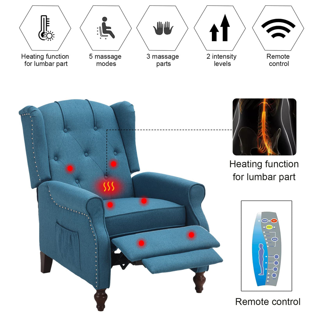 Wingback Recliner Chair - Tufted Arm Chair Recliner - Fabric Push Back Single Sofa for Living Room Adjustable Backrest (Blue Floral)