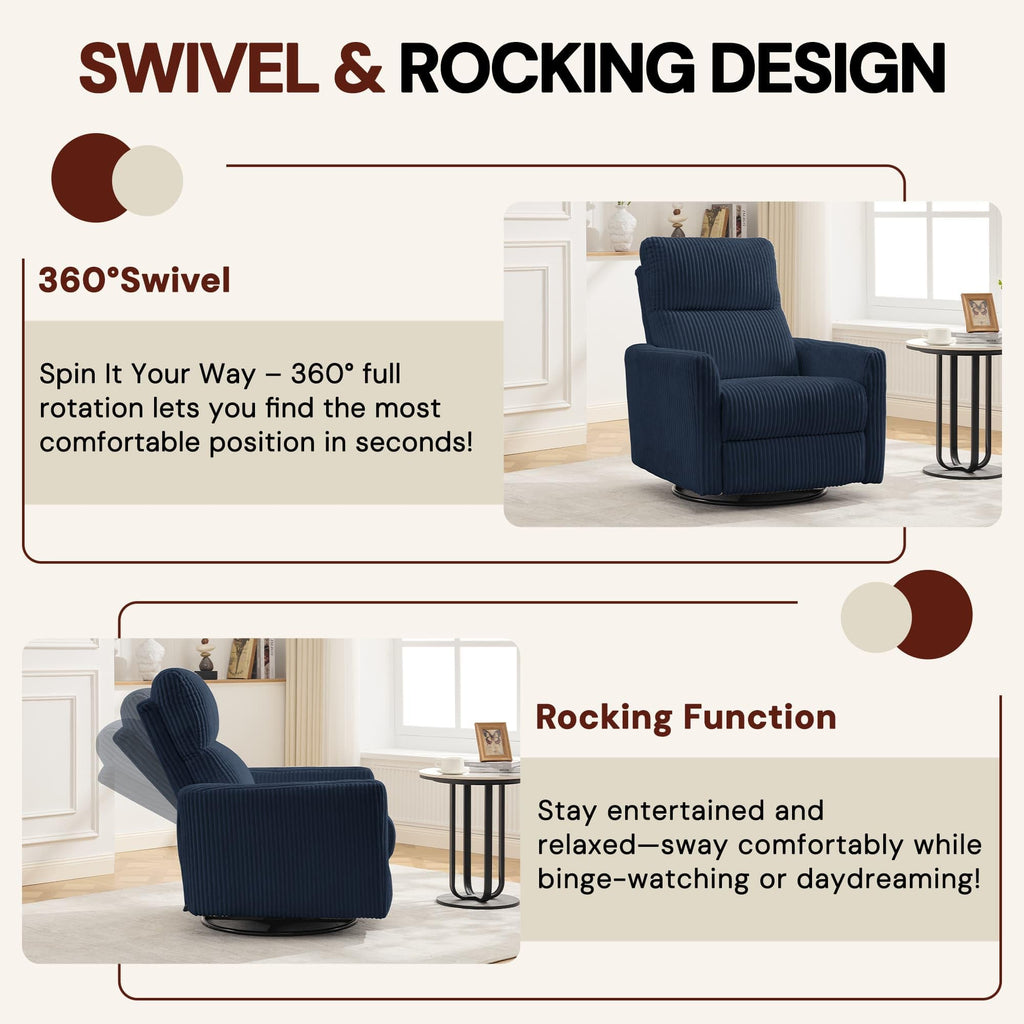 Korser 360Â° Swivel Glider Rocker Manual Recliner, High Back Corduroy Recliner with Curved Armrests, Beige Nursery Rocking Reclining Chair for Living Room Bedroom Adults
