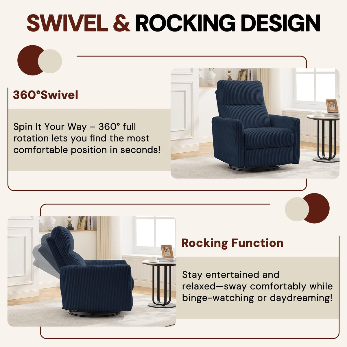 Korser 360Â° Swivel Glider Rocker Manual Recliner, High Back Corduroy Recliner with Curved Armrests, Beige Nursery Rocking Reclining Chair for Living Room Bedroom Adults