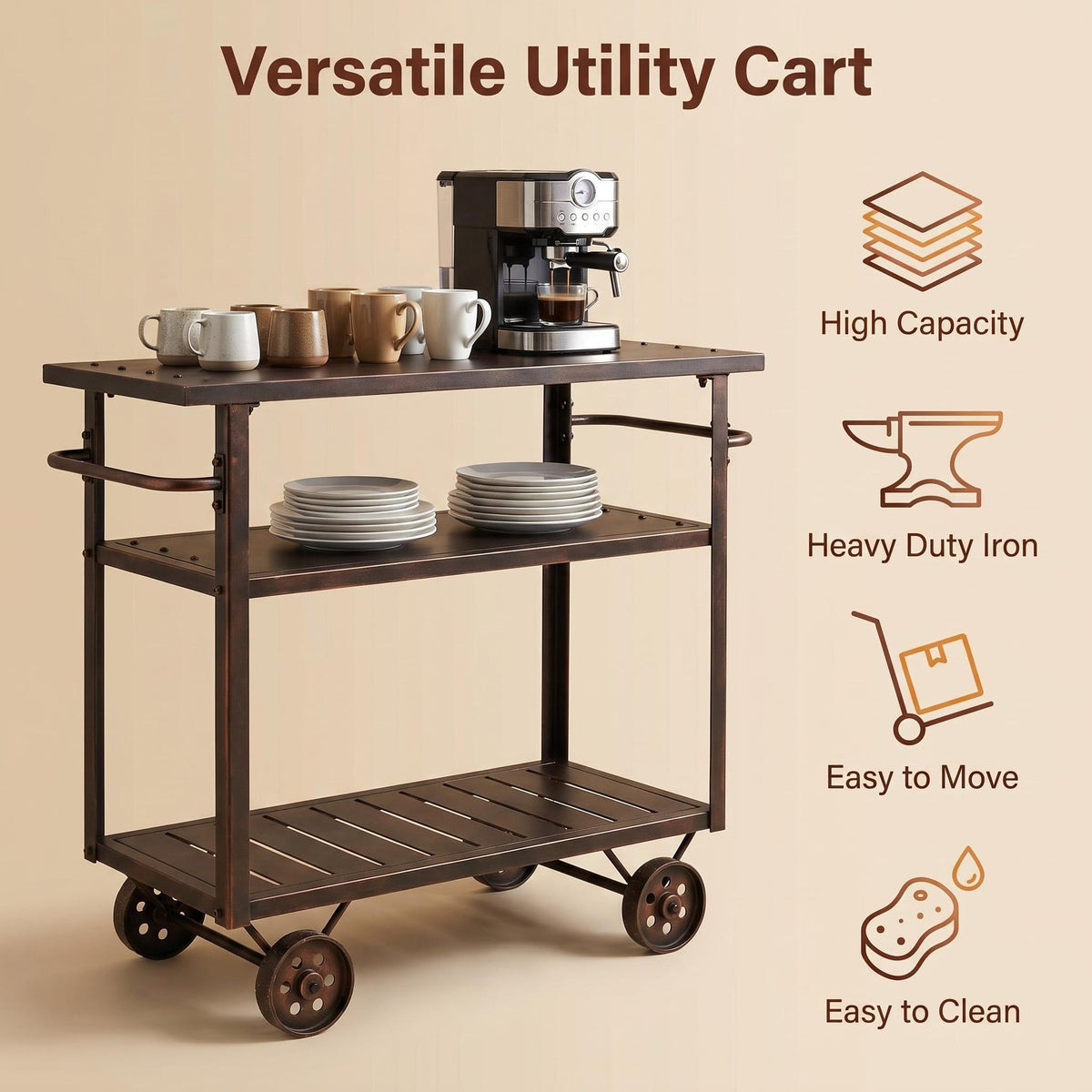 Vintage Rolling Bar Cart on Wheels Industrial Mobile Serving Cart Metal and Wood Design for Kitchen Bar Office Coffee House 36.2" Lx15.75 Wx30.5 H 3 Tier with 2 Side Handle