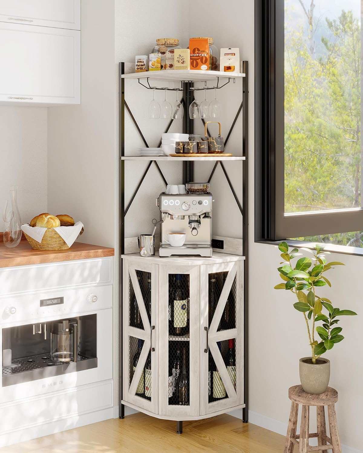 Garvee 72-Inch Industrial Corner Wine Cabinet with Built-in Power Outlet and LED Strip, Mesh Door Liquor Storage with Glass Holder, 5-Tier Bar Display Unit for Home or Small Space, Sturdy Metal Frame