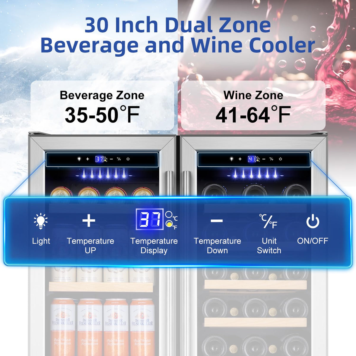 Tylza Wine Fridge 15'', 30 Bottles Wine Cooler Refrigerator, Undercounter or Freestanding, Removable Shelves, 40-65Â°F, Wine Cabinet with Double Glass Door, Wine Cooler for Home, Kitchen, Bar