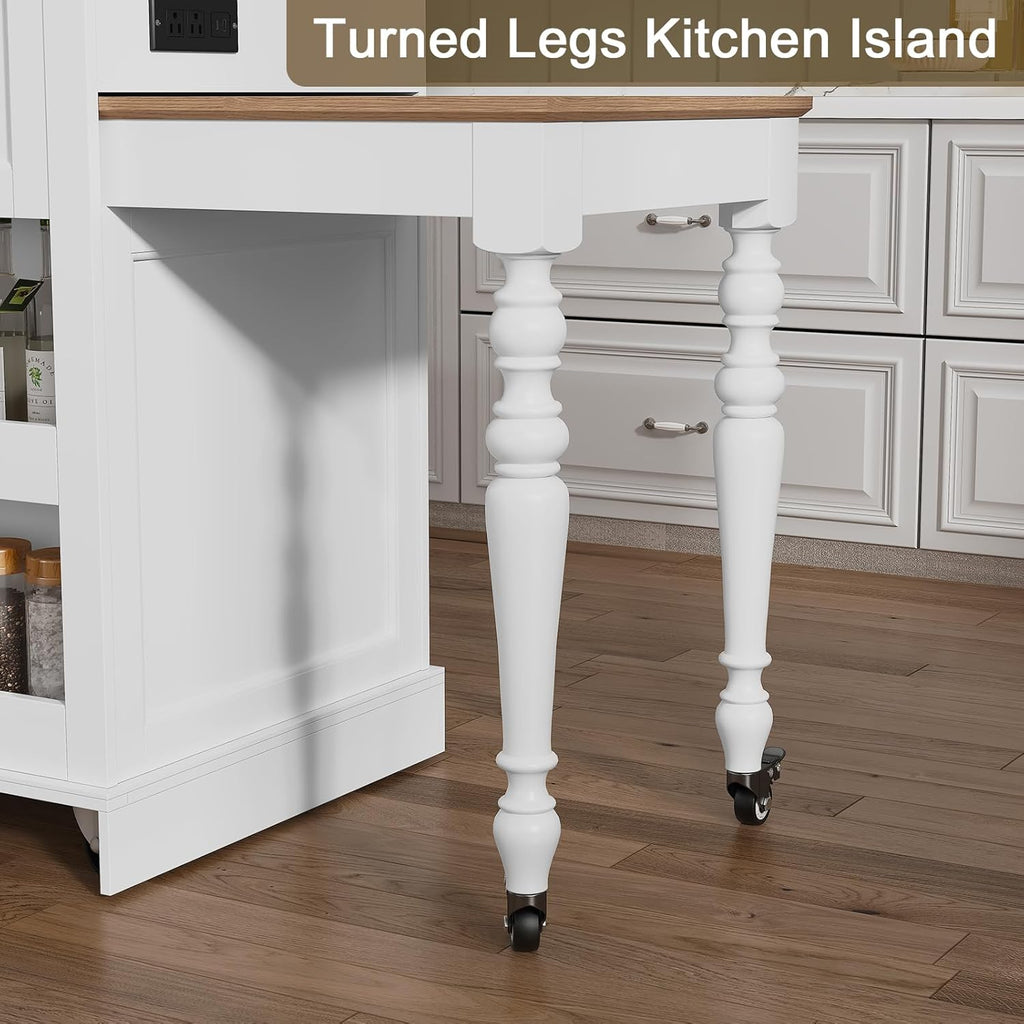 HLR 72" Kitchen Island with Extendable Table for 2-4, Island Table for Kitchen with Power Outlet and Storage Slide Out Legs, Rolling Islands Cart with 2 Doors (White)