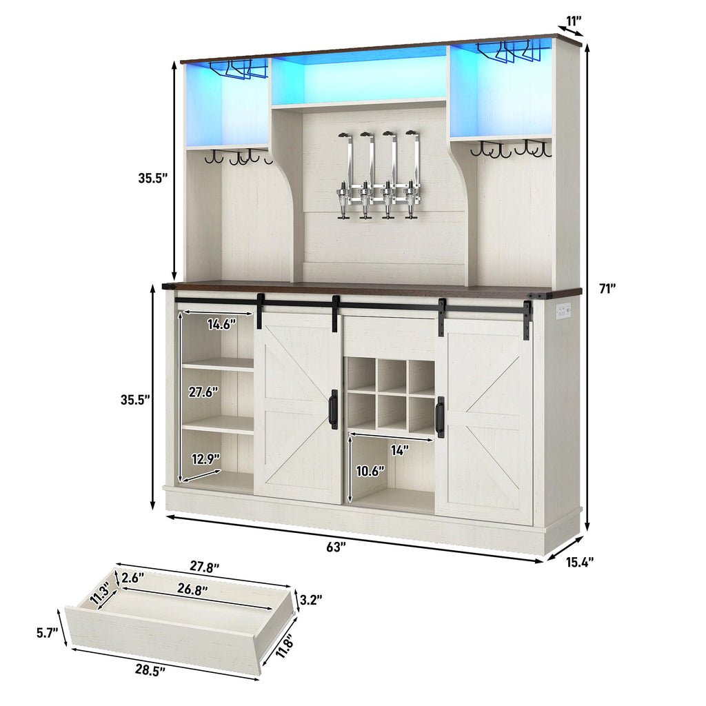 Farmhouse Coffee Bar Cabinet with LED Light, Charging Station, Brown