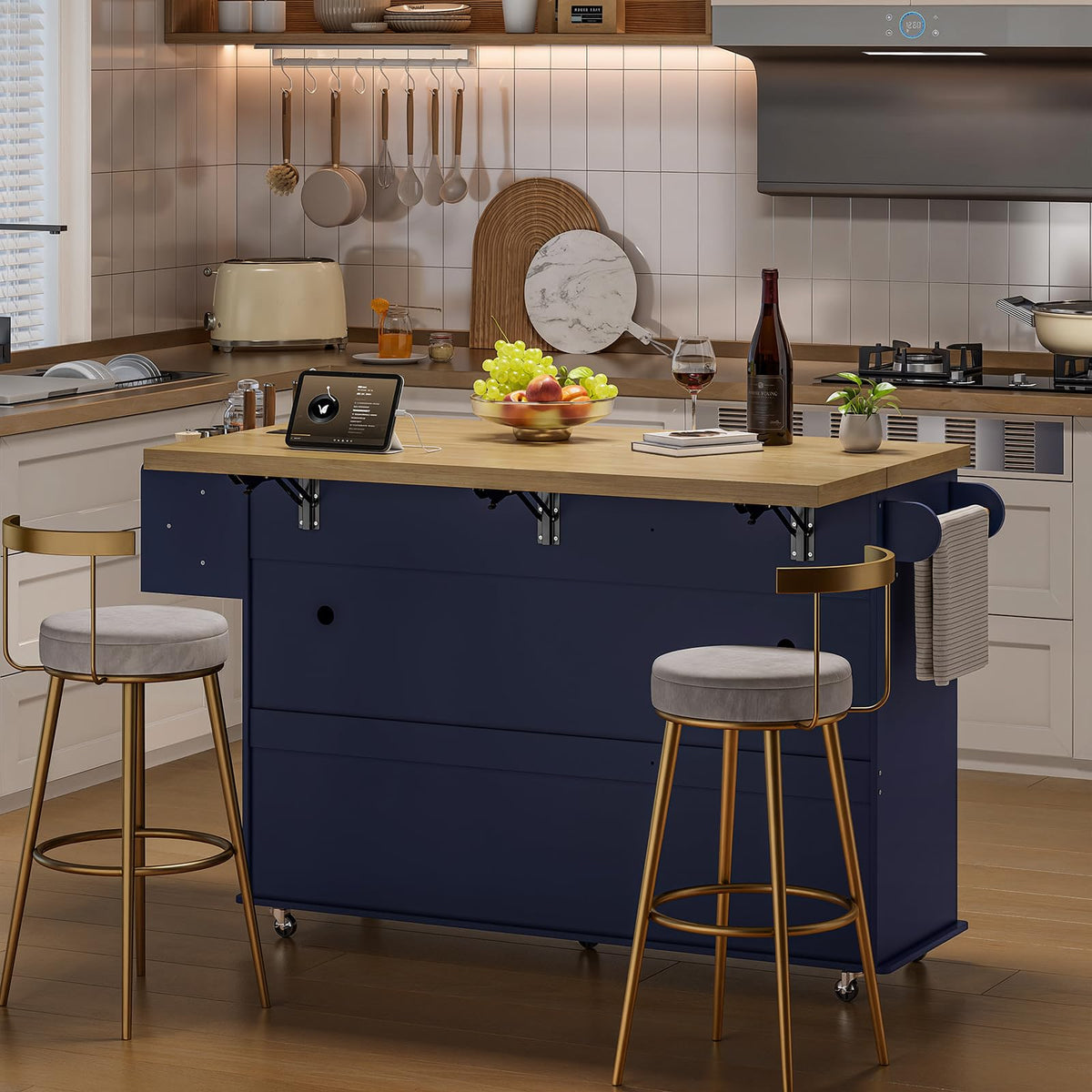 ONBRILL 60" Kitchen Island with Trash Can Storage, Rolling Island Table