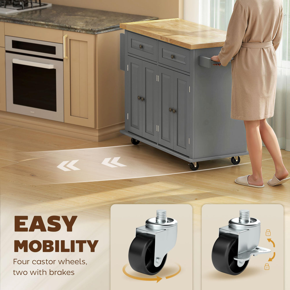 HOMCOM Kitchen Island Cart on Wheels with Solid Wood Top, 44" Cream White