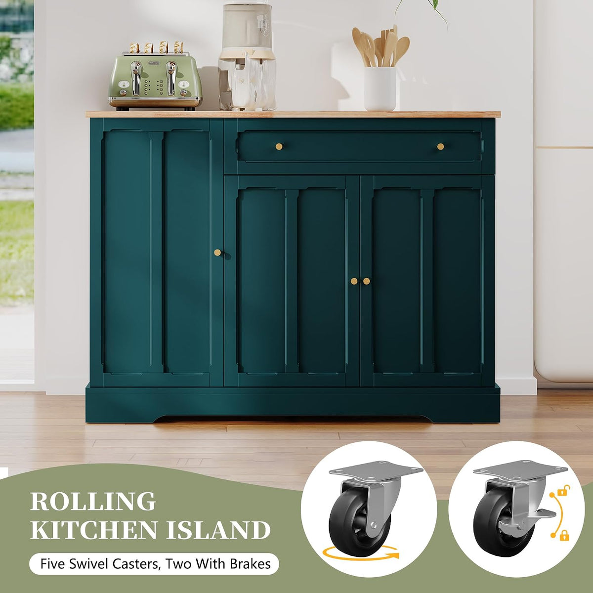 HLR Kitchen Island with Drop Leaf & Storage, Solid Rubber Wood Top Rolling Kitchen Cart with Carved Recessed Panel Doors, Large Mobile Island Table on Wheels for Kitchen, Dining Room (Green)