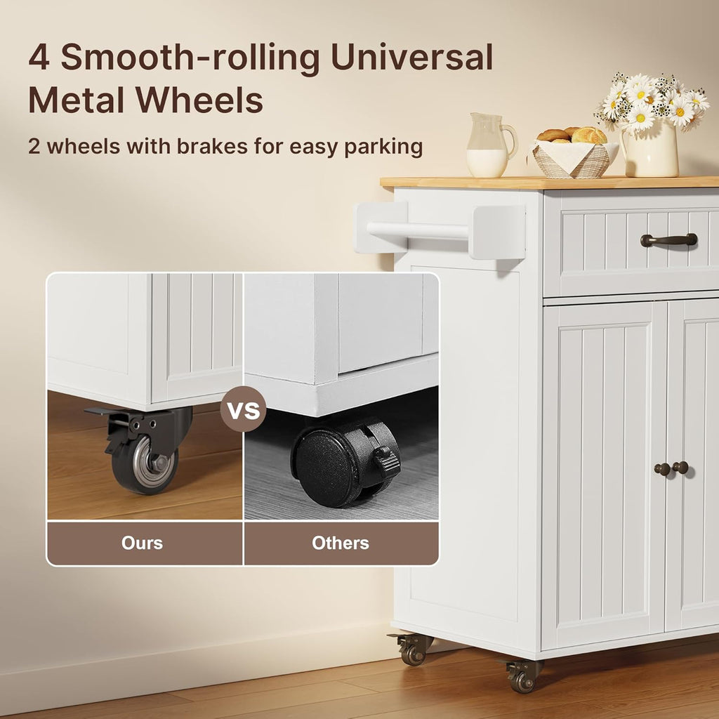 Gizoon Kitchen Island Cart with Adjustable Shelf, White, Tabletop-Oak Color