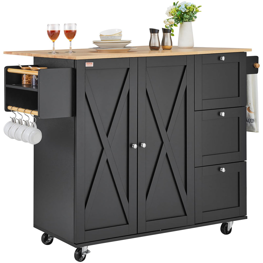 VEVOR Kitchen Island Cart with Storage, 47.64 in Wide Mobile Rolling Storage Island on Swivel Wheels, with 2 Drawers, Storage Cabinet, Drop Leaf, Towel Rack, Table for Home Dining Room, White