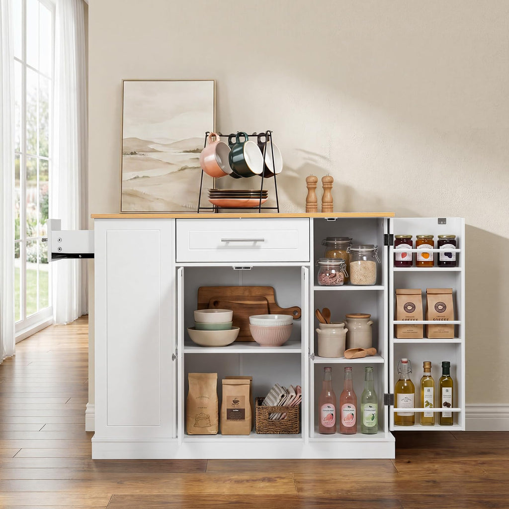 VEVOR Kitchen Island Cart with Storage, 47.64 in Wide Mobile Rolling Storage Island on Swivel Wheels, with 2 Drawers, Storage Cabinet, Drop Leaf, Towel Rack, Table for Home Dining Room, White