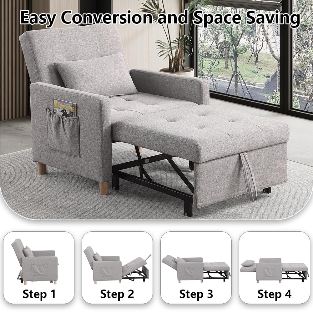 Sleeper Chair,Convertible Sleeper Sofa Chair,Pull Out Sleeper Chair with Adjustable Backrest,Multi-Functiona Lounge Chair for Living Room(Gray)