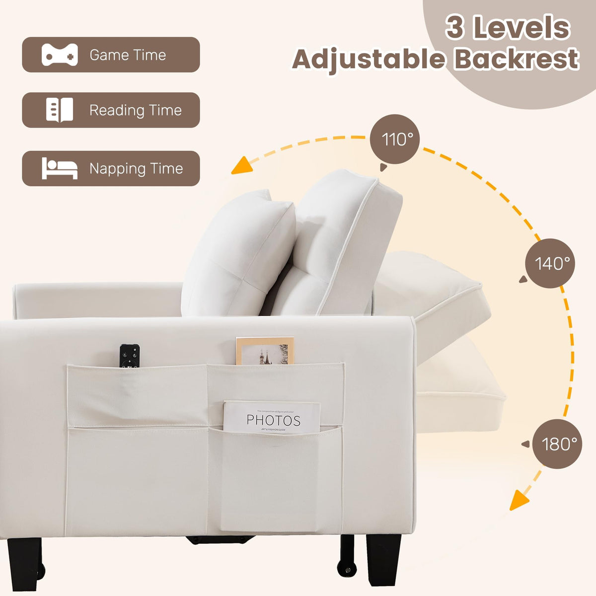 Convertible Sleeper Chair, 3 in 1 Sleeper Chair Bed Pull Out Sofa Bed Chairs, Single Sofa with Adjustable Backrest for Adults Reading Living Room, Bedroom, Black